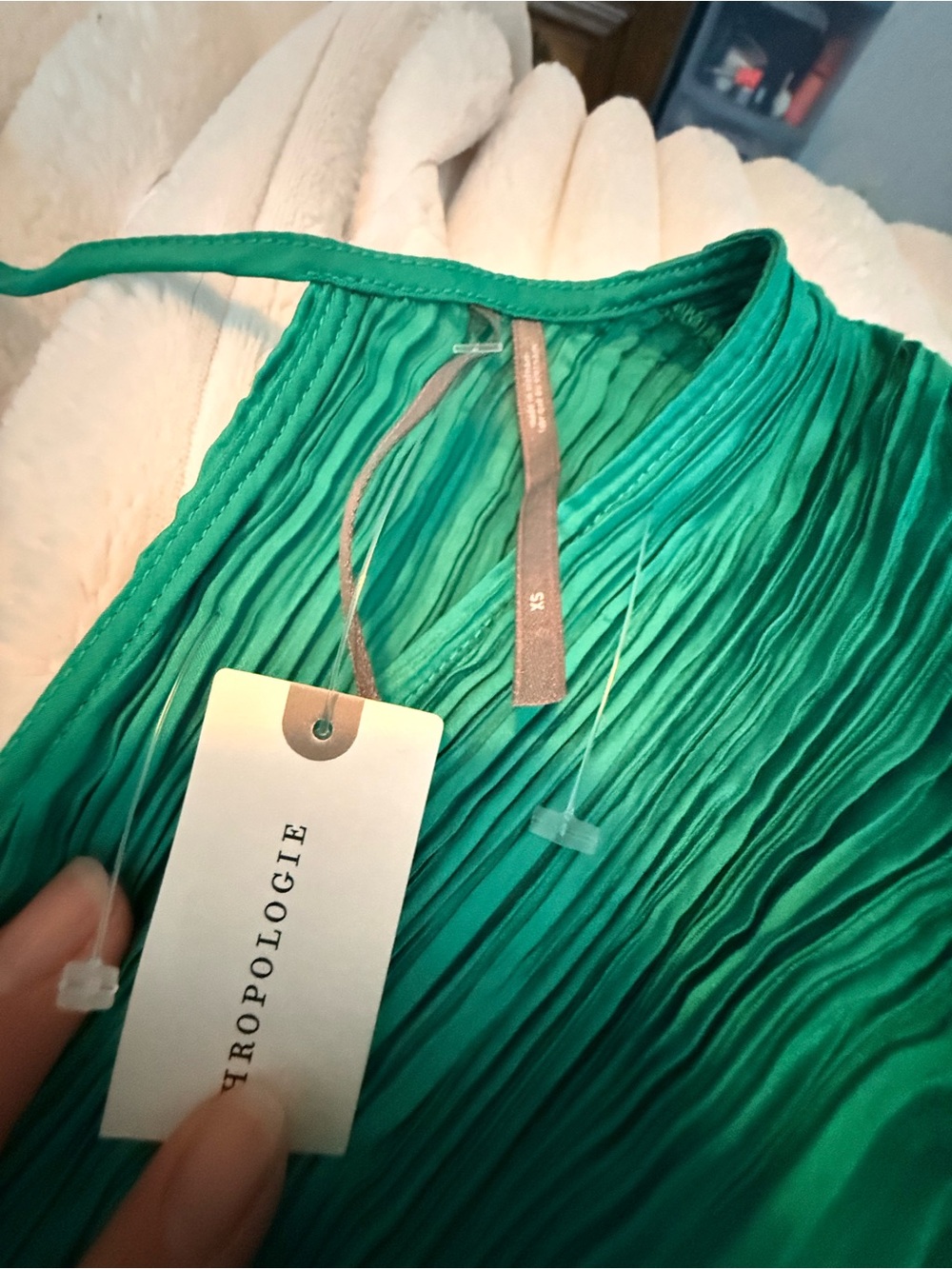 Anthropologie Emerald Green Pleated V-Neck Midi Dress - Picture 3 of 7